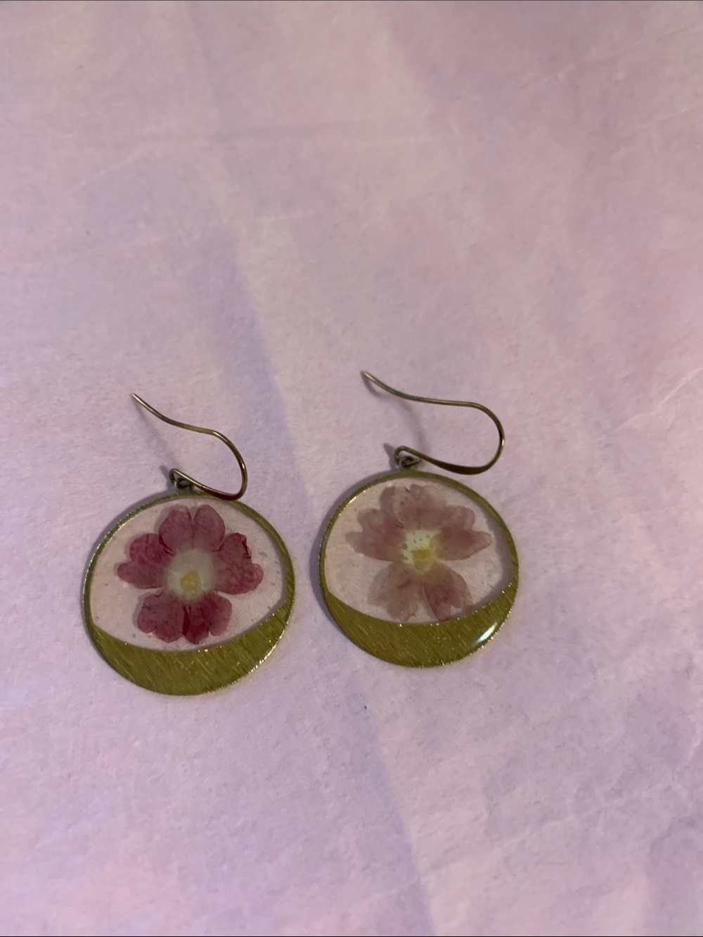Pink Floral Round Resin Drop Earrings with Gold Accent